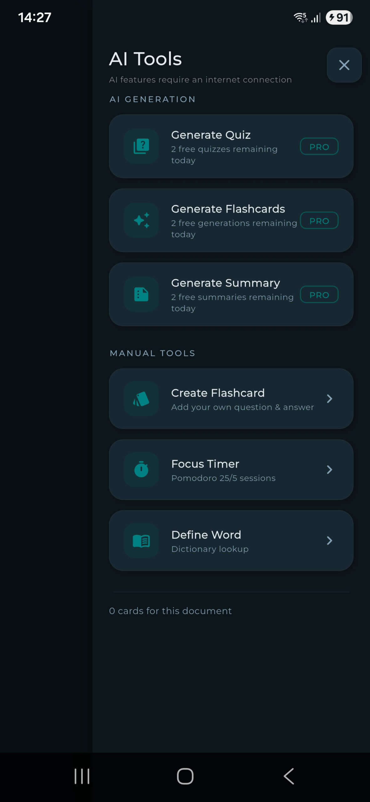 Accruva AI Tools menu showing Generate Flashcards, Generate Quiz, and Generate Summary options powered by Google AI