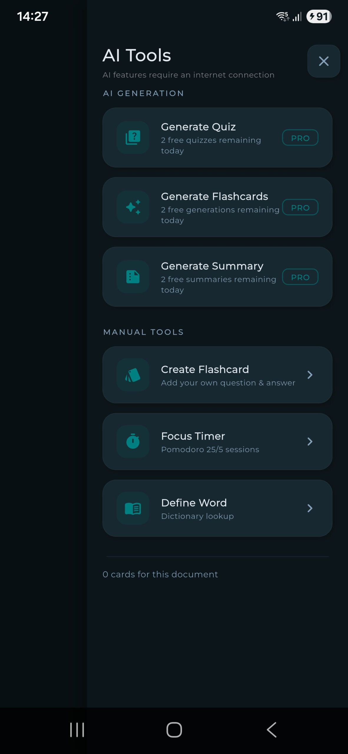 Accruva AI Tools menu in dark mode showing three AI generation options (Generate Quiz, Generate Flashcards, Generate Summary) with PRO badges and free usage counters, plus manual tools for Create Flashcard, Focus Timer, and Define Word
