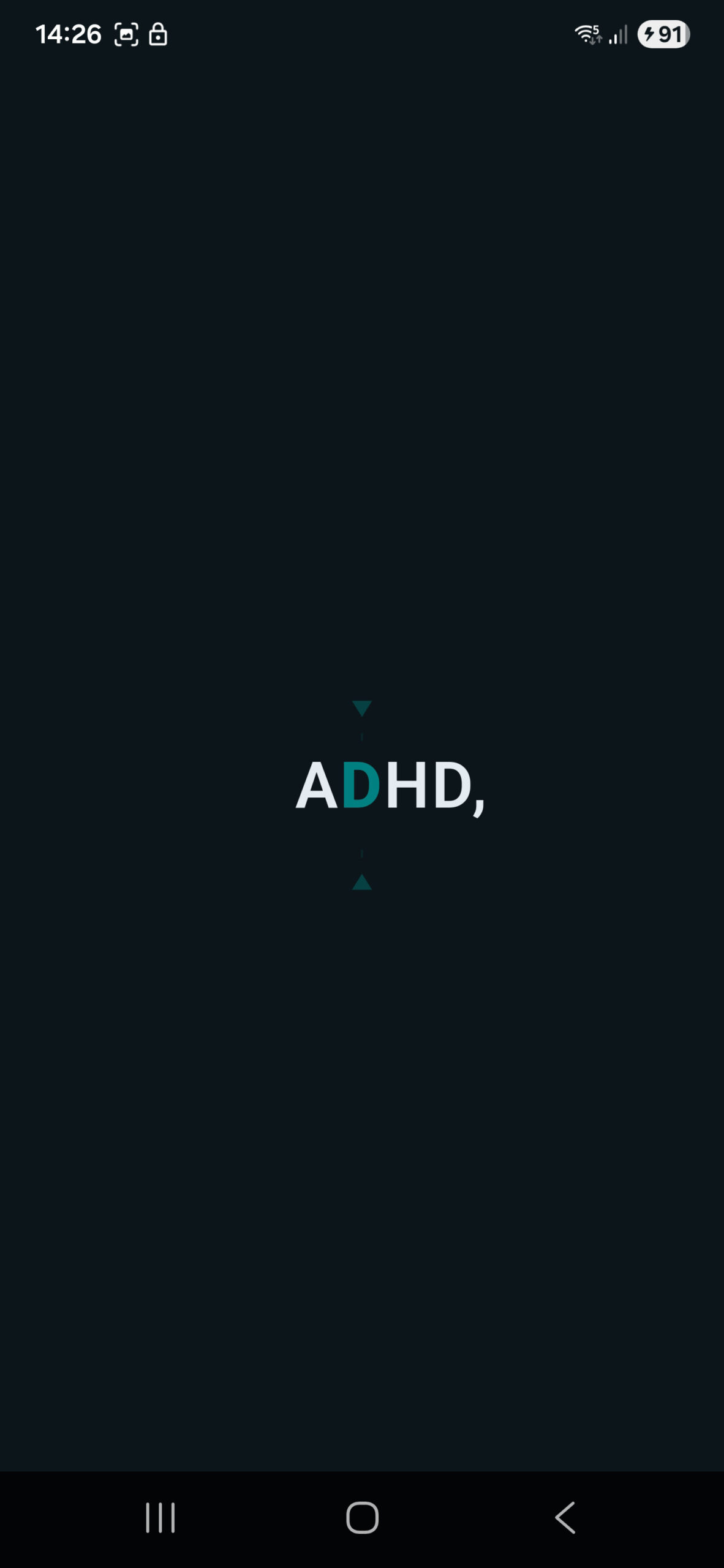 Accruva Focus mode showing the word ADHD on a pure black background with subtle teal directional markers, demonstrating Rapid Serial Visual Presentation reading