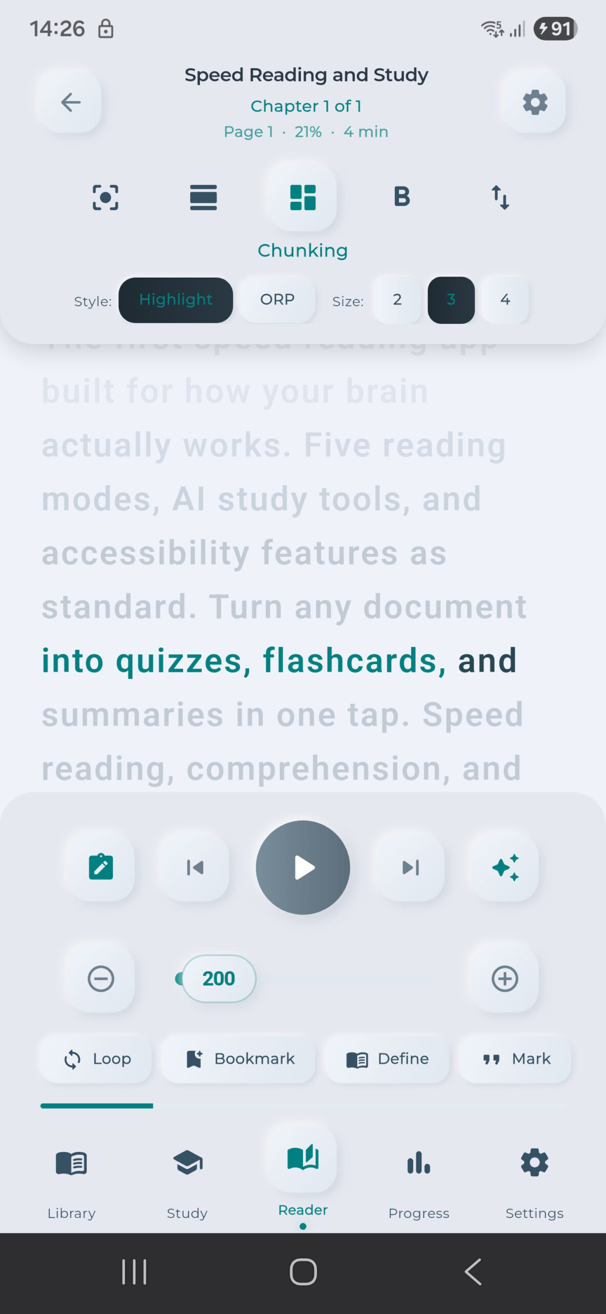 Accruva reader interface showing five mode icons across the top toolbar with Chunking mode selected, plus reading controls and the WPM slider at the bottom