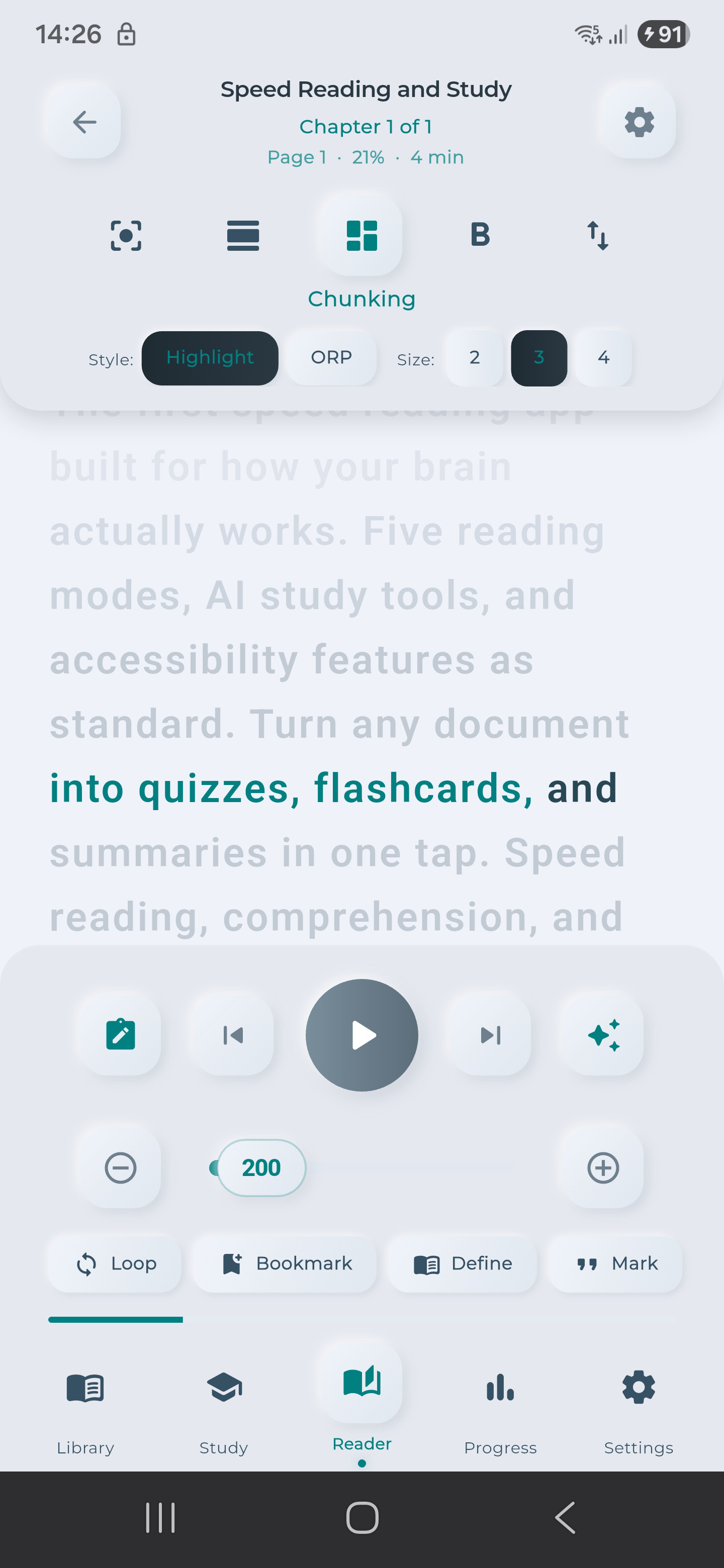 Accruva reader interface showing five mode icons across the top toolbar with Chunking mode selected, plus reading controls and the WPM slider at the bottom