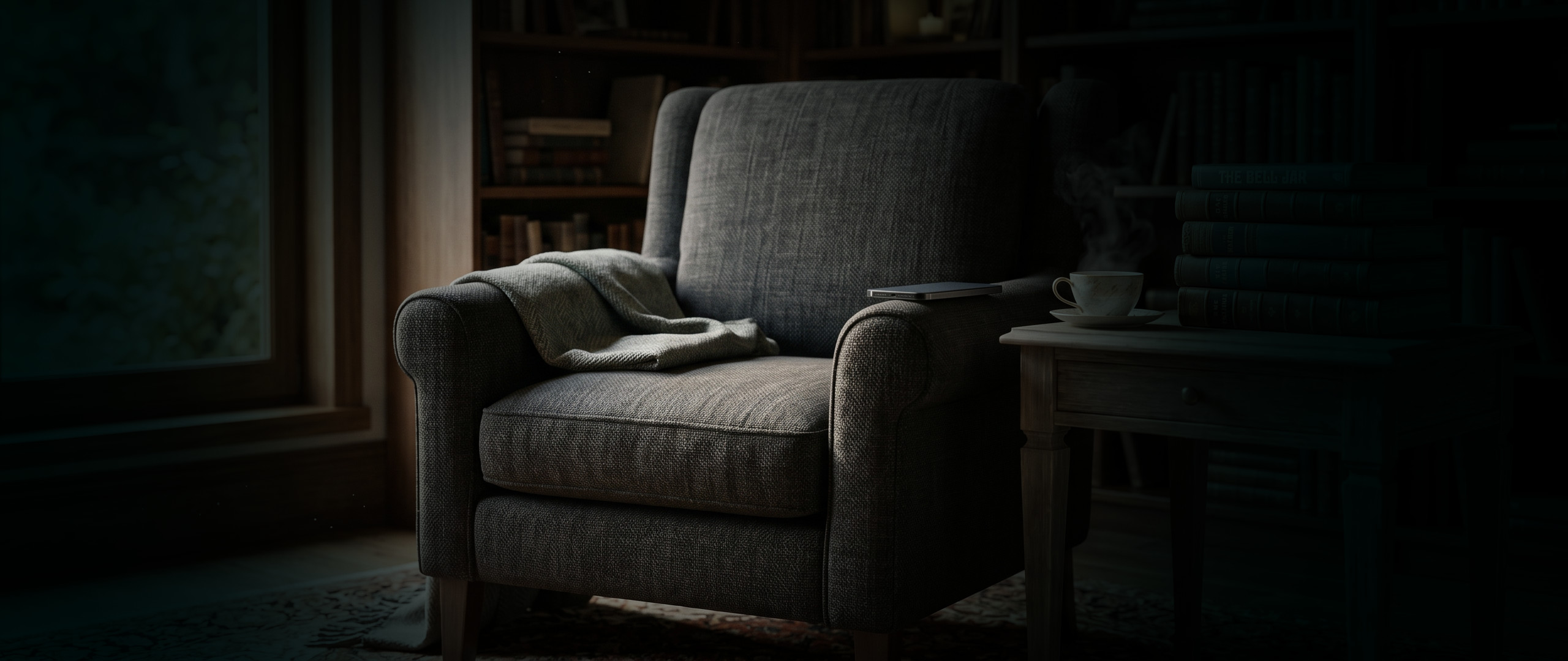 Atmospheric reading nook with an empty grey armchair, a draped throw blanket, a phone resting on the chair arm, and a side table with a steaming teacup beside a stack of leather-bound books in a softly lit library setting