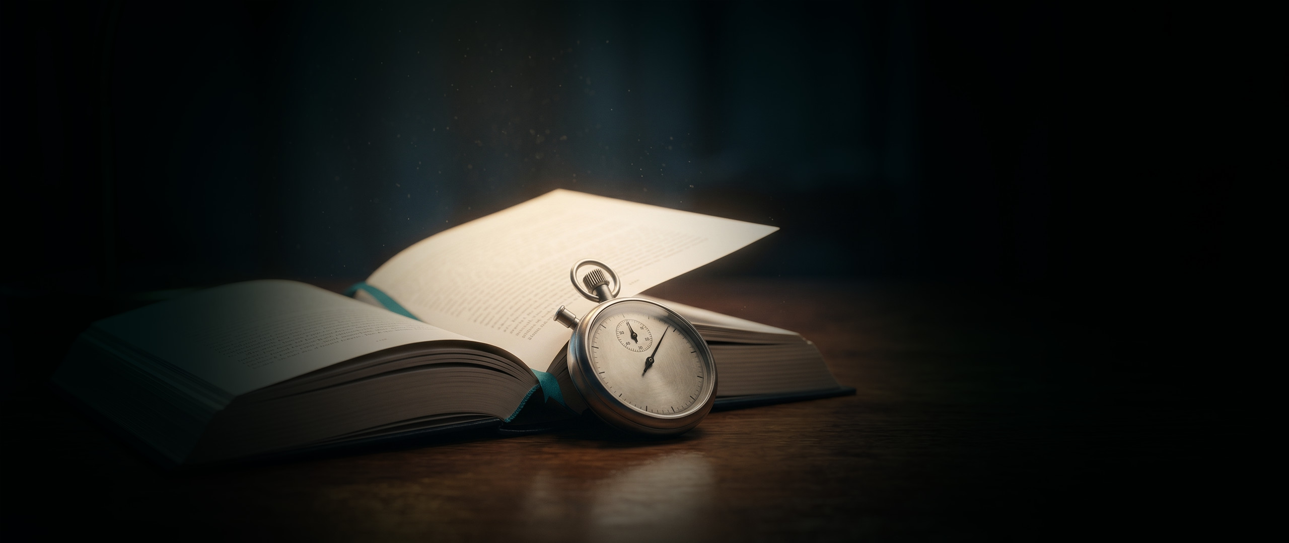 Open hardback book and vintage stopwatch on a warm wooden desk, representing the measurement of average reading speed