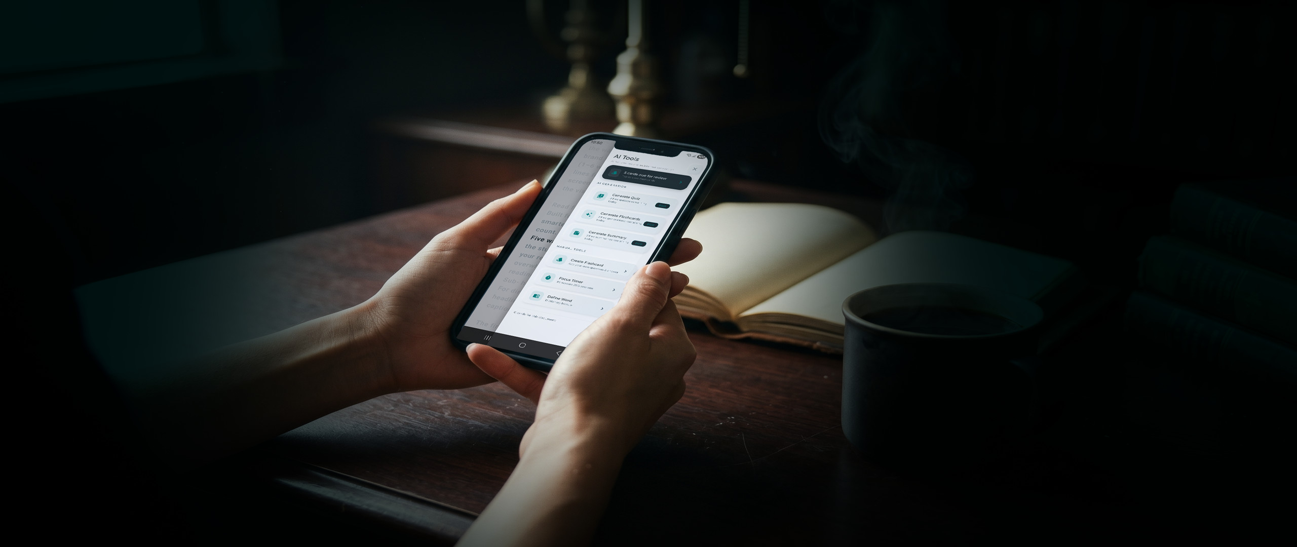 Hands holding a smartphone displaying the Accruva AI Tools menu with a steaming coffee mug and open notebook on a dark wooden desk under warm window light
