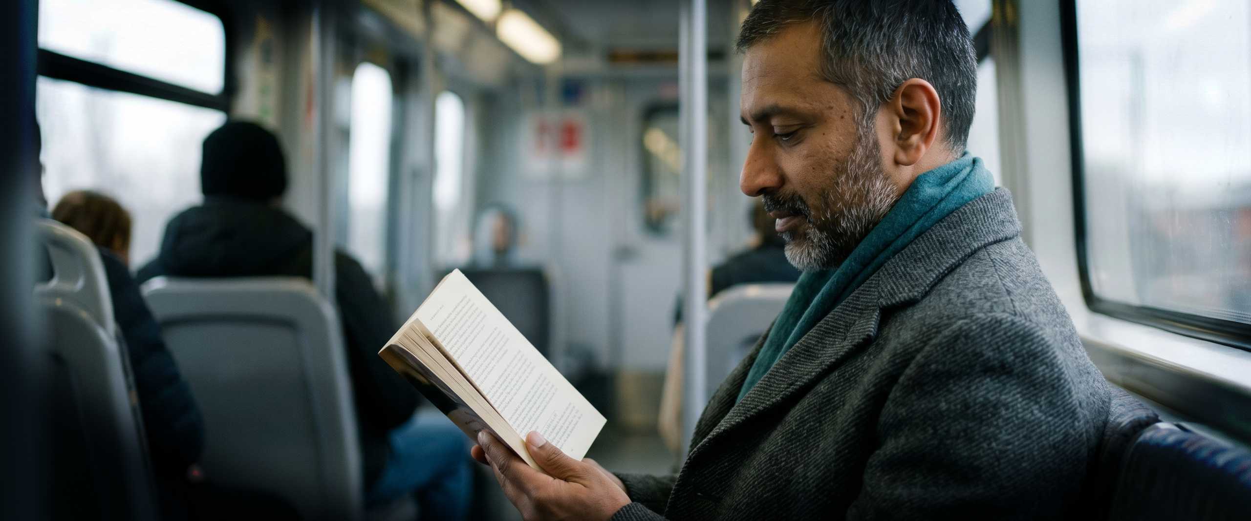 An adult reading on a phone in a quiet train carriage, soft afternoon light through the window, sustained reading in motion