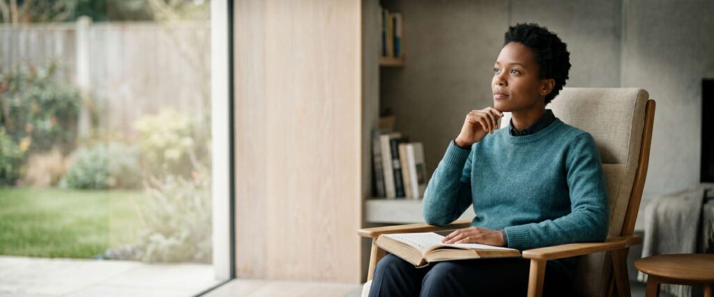 A focused woman, thoughtfully introspecting in a calm, distraction-free reading nook, illustrating cognitive ease with Accruva, an ADHD & neurodivergent reading app