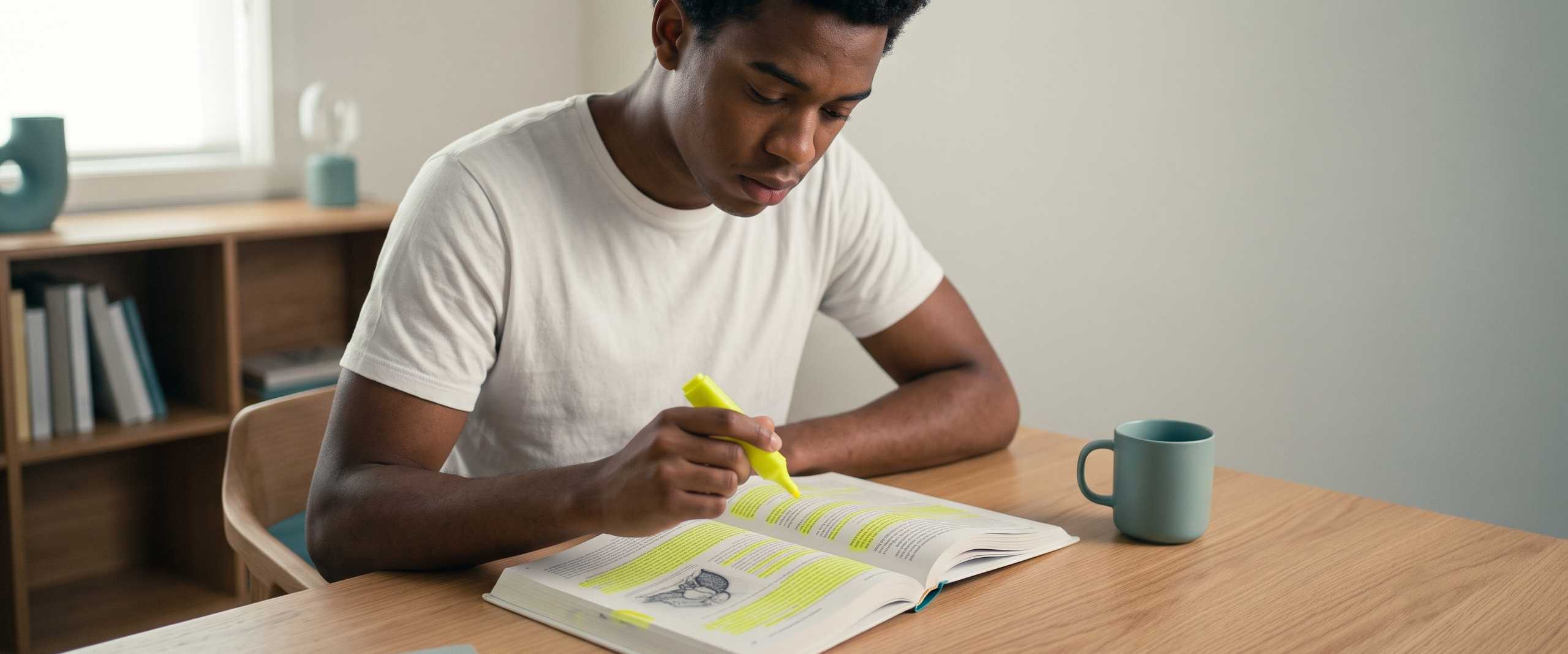 An adult sat at a wooden table with a highlighted textbook closed, eyes drifted toward a window, mid-attempt to remember what the page said