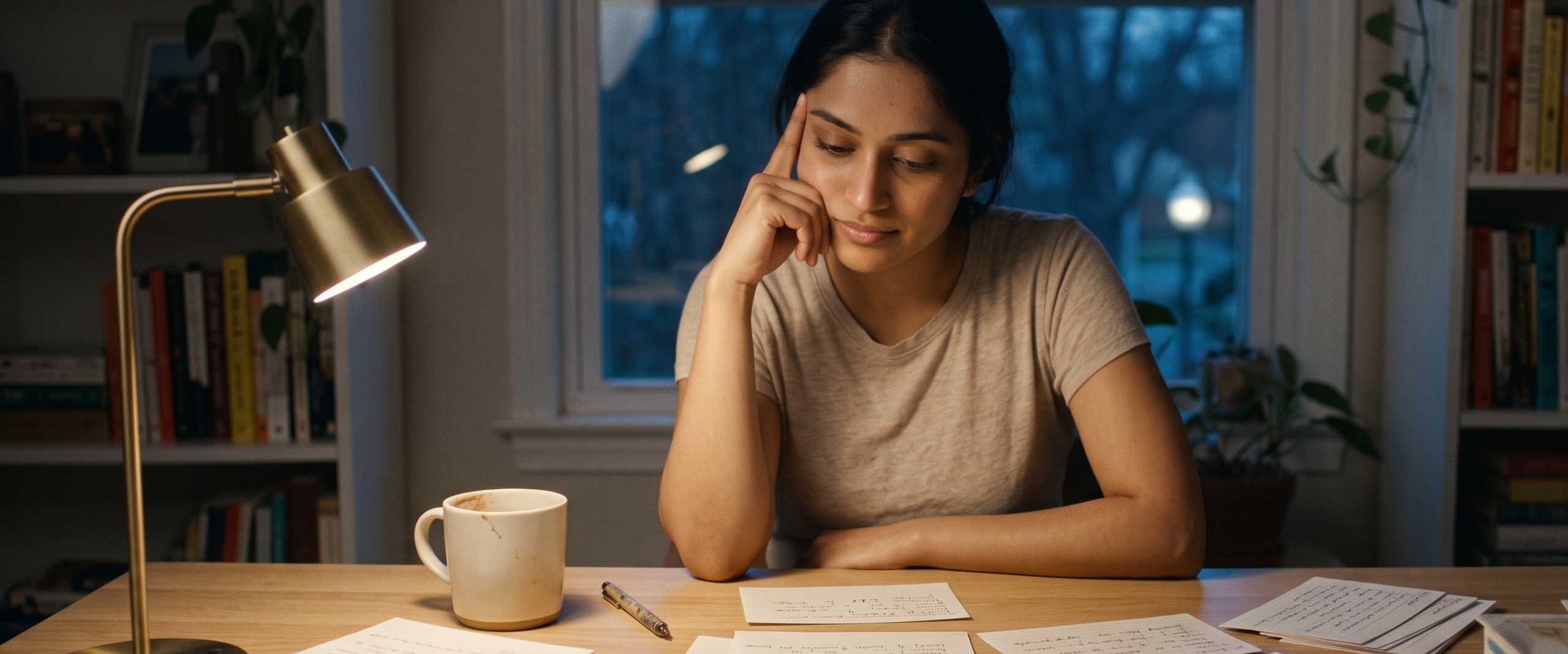 A tired adult at a desk with a scattered stack of handwritten flashcards and a cold half-drunk mug of coffee, the visible weight of DIY spaced repetition
