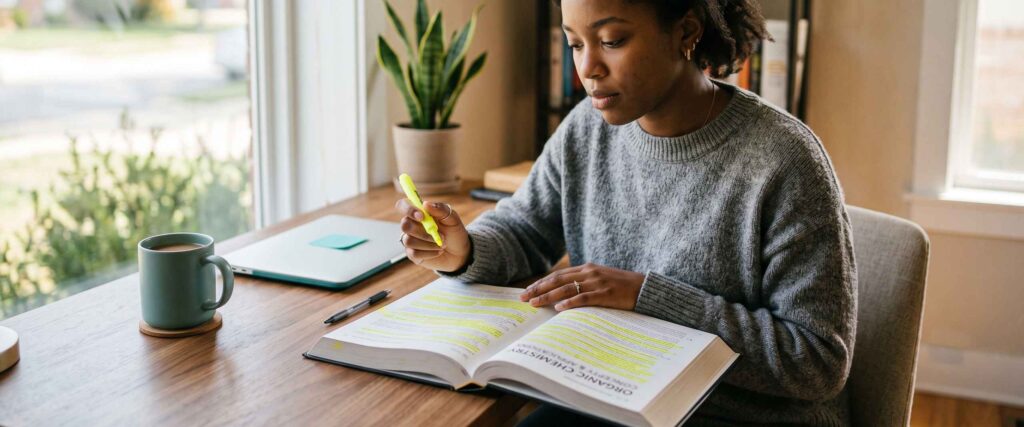A university-age adult at a desk with a densely yellow-highlighted textbook page, quietly uncertain expression, the moment of realising the highlighting has left no memory